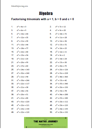 factorising trinomials with a = 1, b and c positive worksheet