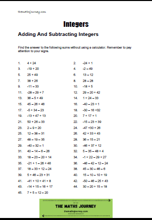 worksheet on adding and subtracting integers