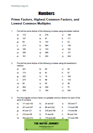 prime factors, highest common factors and lowest common multiples worksheet